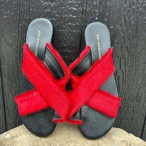 Avec Modération Red Calf Hair Sandals